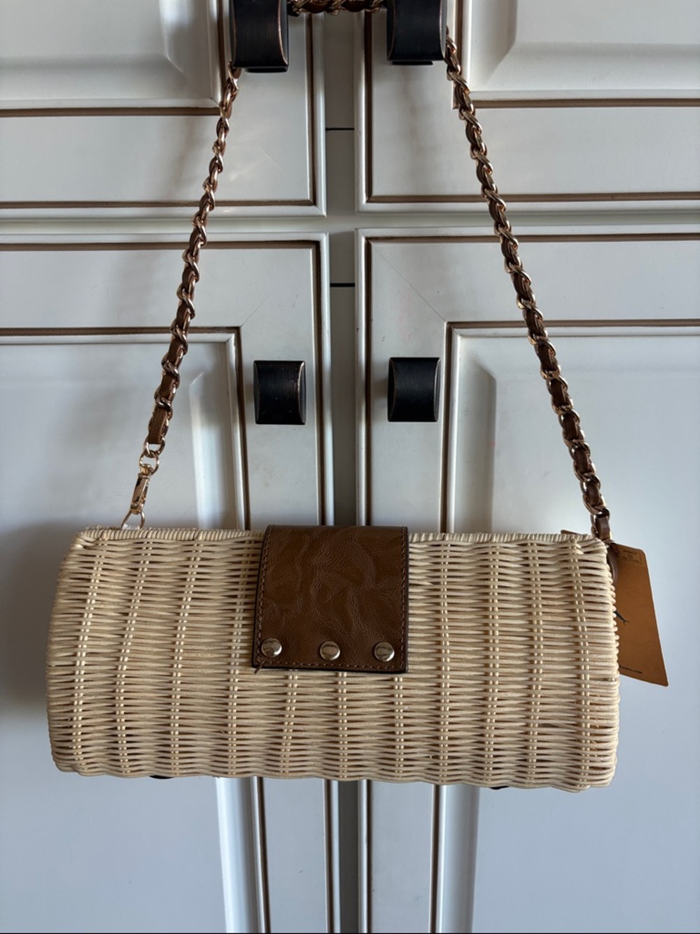 NWT Tommy Bahama Natural Wicker Clutch/Shoulder Bag w/Brown Trim &Gold Chain - Picture 3 of 5